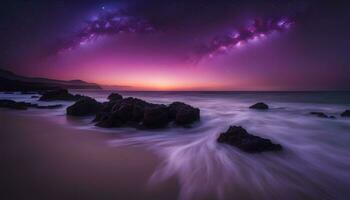 ai generiert ein lila Himmel mit Sterne und ein Strand beim Nacht foto