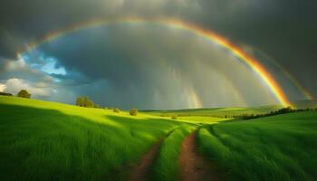 ai generiert ein Regenbogen ist gesehen Über ein Feld mit ein Schmutz Pfad foto