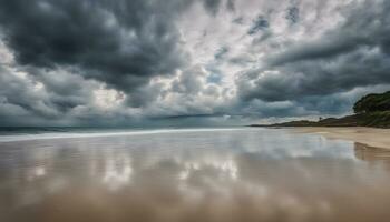 ai generiert ein stürmisch Tag auf das Strand mit Wolken und Wasser foto