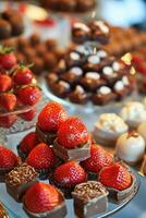 ai generiert dekadent Pralinen, Erdbeeren, und herzförmig Nachspeisen foto