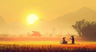 ai generiert zwei Bauern Pflügen das Feld auf das Sonnenaufgang foto