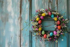 ai generiert rustikal Ostern Ei Kranz hängend auf Jahrgang betrübt hölzern Tür foto