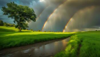 ai generiert Regenbogen Über ein Feld mit Bäume und ein Strom foto