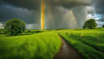 ai generiert Regenbogen Über ein Feld mit Bäume und Gras foto