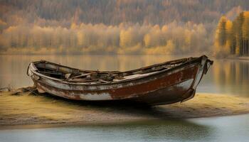 ai generiert ein Boot ist Sitzung auf das Ufer von ein See foto