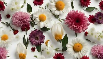 ai generiert ein Weiß Hintergrund mit viele anders Blumen foto
