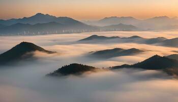 ai generiert ein Aussicht von Berge bedeckt im Nebel beim Sonnenaufgang foto