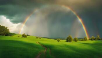 ai generiert Regenbogen Über Grün Feld mit Bäume und Gras foto