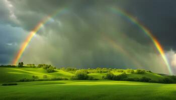 ai generiert Regenbogen Über Grün Hügel und Bäume foto