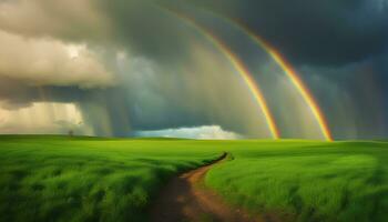 ai generiert ein Pfad durch ein Grün Feld mit ein Regenbogen im das Himmel foto