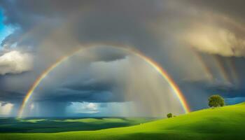 ai generiert Regenbogen Über das Grün Hügel foto