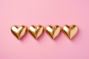 ai generiert ein Bild von vier golden Herzen auf ein Rosa Hintergrund foto