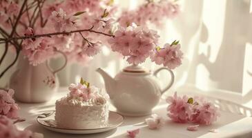 ai generiert schön Rosa Blumen sind gezeigt hinter das Kuchen und Teekanne foto