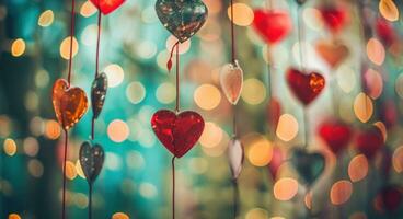 ai generiert ein Valentinstag Tag Karte mit bunt Herz Dekorationen hängend Nieder hinter es foto