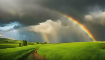 ai generiert Regenbogen Über Grün Feld mit Bäume und Gras foto