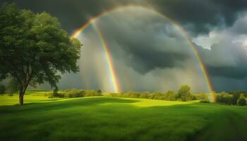 ai generiert Regenbogen Über ein Feld mit Bäume und Gras foto