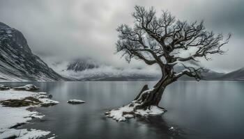 ai generiert ein einsam Baum steht im das Mitte von ein See foto