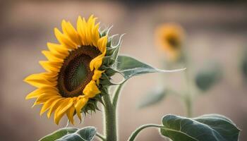 ai generiert ein Sonnenblume ist gezeigt im Vorderseite von ein verschwommen Hintergrund foto