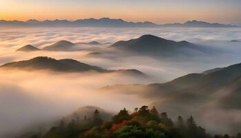 ai generiert ein Aussicht von Berge und Nebel im das Morgen foto