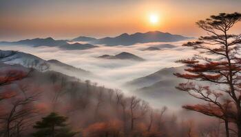 ai generiert ein Sonnenaufgang Über das Berge mit Nebel und Bäume foto