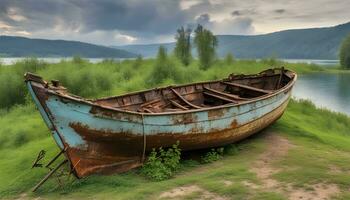 ai generiert ein Boot ist Sitzung auf das Gras foto