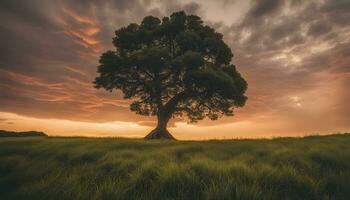 ai generiert ein einsam Baum steht im ein Feld mit ein dramatisch Sonnenuntergang foto