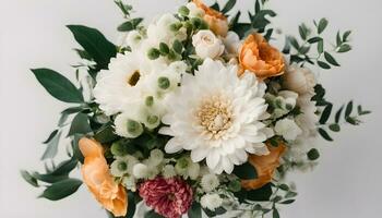 ai generiert ein Strauß von Weiss, Orange und Rosa Blumen foto