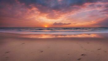 ai generiert ein Sonnenuntergang Über das Ozean mit Fußabdrücke im das Sand foto