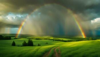ai generiert Regenbogen Über das Grün Felder foto