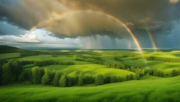 ai generiert Regenbogen Über Grün Hügel und Bäume foto