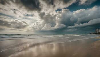 ai generiert ein Strand unter ein wolkig Himmel mit Wellen und Gebäude foto