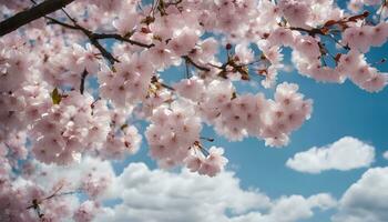 ai generiert Kirsche Blüten auf ein Baum im Vorderseite von ein Blau Himmel foto