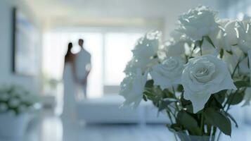 ai generiert Weiß Rosen auf das Weiß Zimmer, Silhouette von Paar auf das Hintergrund, Valentinstag Tag Konzept, modern Beziehung foto