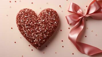 ai generiert oben Aussicht von Luxus funkeln Herz geformt Geschenk Box und Band auf Rosa Pastell- Hintergrund, Valentinstag Tag Konzept Hintergrund foto