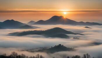 ai generiert das Sonne steigt an Über das Berge bedeckt im Nebel foto