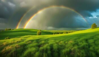 ai generiert ein Regenbogen Über ein Grün Feld mit Gras und Bäume foto