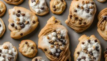 ai generiert ein Plätzchen Blatt mit Schokolade Chips und Marshmallows foto