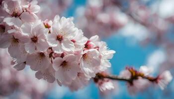 ai generiert Kirsche Blüten auf ein Baum im Vorderseite von ein Blau Himmel foto