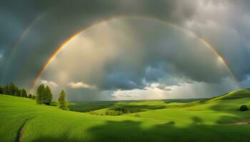 ai generiert Regenbogen Über das Grün Hügel foto