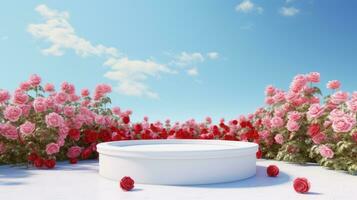 ai generiert leeren Weiß runden Podium auf rot Gradient Rosen Garten und Sommer- Blau Himmel Hintergrund zum kosmetisch Produkt Präsentation, Valentinstag Tag Konzept foto