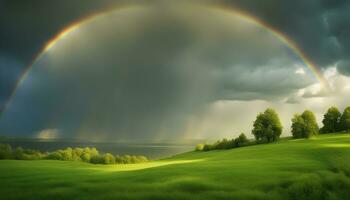 ai generiert Regenbogen Über Grün grasig Feld mit Bäume foto