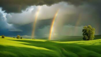 ai generiert Regenbogen Über Grün Feld mit Bäume und Gras foto