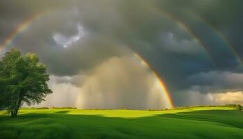ai generiert Regenbogen Über das Grün Feld foto