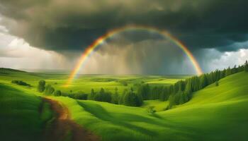 ai generiert Regenbogen Über Grün grasig Hügel mit Bäume und ein Straße foto
