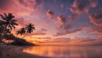 ai generiert ein schön Sonnenuntergang auf ein tropisch Strand mit Palme Bäume foto
