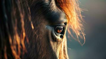 ai generiert Detail von ein Pferd Auge und Mähne beim Sonnenuntergang foto