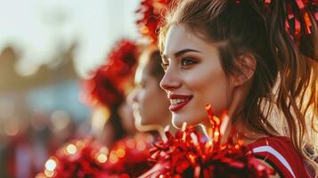 ai generiert Nahansicht von ein Cheerleader Gesicht mit Pompons foto