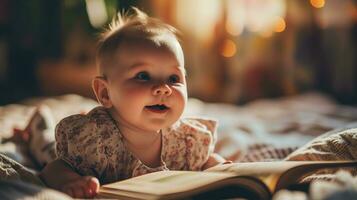 ai generiert ein Baby Lügen auf ein Bett suchen beim ein Buch mit ein fasziniert Ausdruck foto