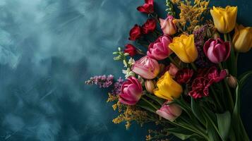 ai generiert sortiert Tulpen und Wildblumen auf ein texturiert Blau Hintergrund foto