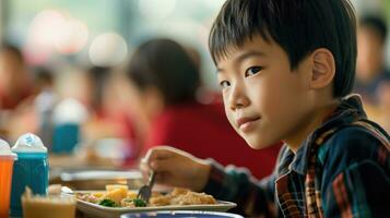 ai generiert jung Junge Essen Mittagessen im Schule Cafeteria foto